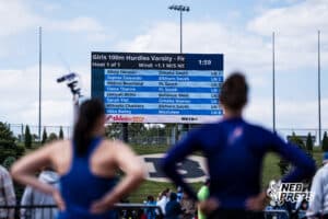 Bellevue Wests Janiyah Willis and Papillion LaVista Souths Fiona Thorne wait for the results during the Metro Conference T&F Meet on May 6, 2026, in Omaha, Nebraska. Photo by Brandon Tiedemann.