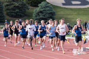 The boys 1600m runners race during the Metro Conference T&F Meet on May 6, 2026, in Omaha, Nebraska. Photo by Brandon Tiedemann.
