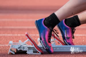A runner gets ready to race during the Metro Conference T&F Meet on May 6, 2026, in Omaha, Nebraska. Photo by Brandon Tiedemann.