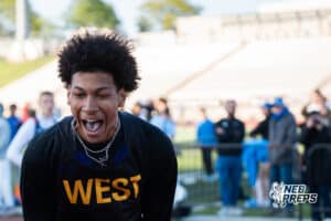 Pierce Parker yells into the camera during the Metro Conference T&F Meet on May 6, 2026, in Omaha, Nebraska. Photo by Brandon Tiedemann.