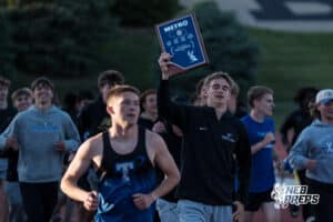 Papillion LaVista South boys do a victory lap during the Metro Conference T&F Meet on May 6, 2026, in Omaha, Nebraska. Photo by Brandon Tiedemann.