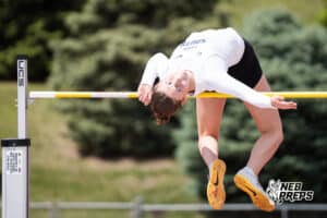 Ruby Morris clears 5ft 4 inches during the Metro Conference T&F Meet on May 6, 2026, in Omaha, Nebraska. Photo by Brandon Tiedemann.