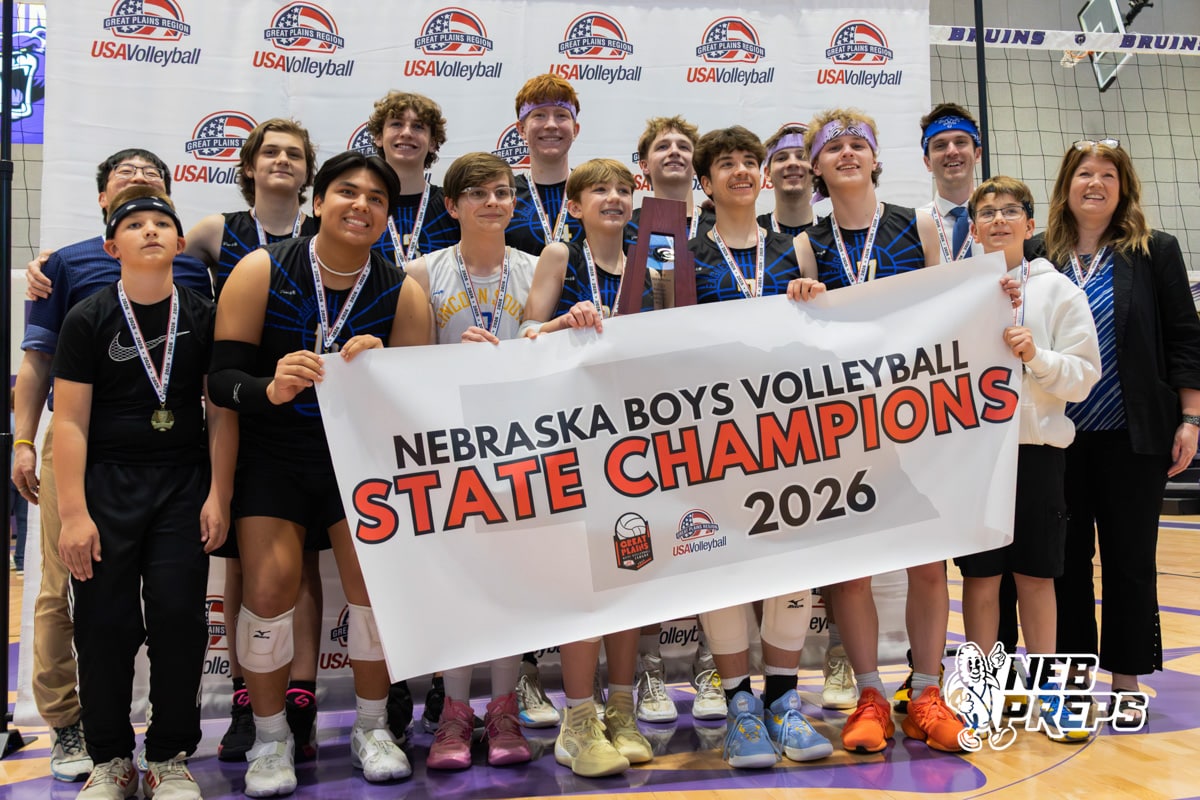 Lincoln South’s photo after winning the Nebraska boys volleyball state championship game against Burke on Sunday, May 3, 2026, in Bellevue, Neb. Photo by Jandi Green.