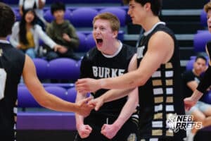 Burke’s Gaven Rames (23) is celebrating during a Nebraska boys volleyball state championship game against Lincoln South on Sunday, May 3, 2026, in Bellevue, Neb. Photo by Jandi Green.