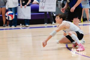 Lincoln South’s Nichalus Rojas (9) digging a volleyball during a Nebraska boys volleyball state championship game against Burke on Sunday, May 3, 2026, in Bellevue, Neb. Photo by Jandi Green.