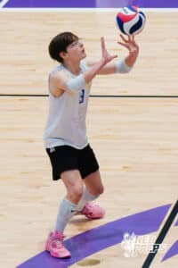 Lincoln South’s Nichalus Rojas (9) serving a volleyball during a Nebraska boys volleyball state championship game against Burke on Sunday, May 3, 2026, in Bellevue, Neb. Photo by Jandi Green.
