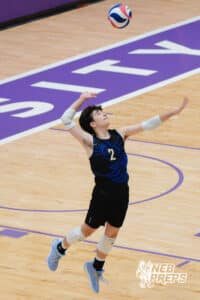 Lincoln South’s Owen Folken (2) serving a volleyball during a Nebraska boys volleyball state championship game against Burke on Sunday, May 3, 2026, in Bellevue, Neb. Photo by Jandi Green.