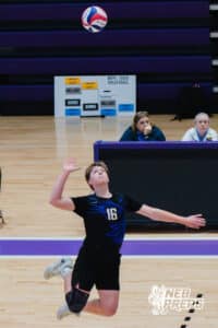 Lincoln South’s Brett Bousquet (16) hitting a volleyball during a Nebraska boys volleyball state championship game against Burke on Sunday, May 3, 2026, in Bellevue, Neb. Photo by Jandi Green.