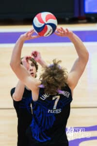 Lincoln South’s Russell Feess (7) setting the ball to Johnny Hajny (13) during a Nebraska boys volleyball state championship game against Burke on Sunday, May 3, 2026, in Bellevue, Neb. Photo by Jandi Green.