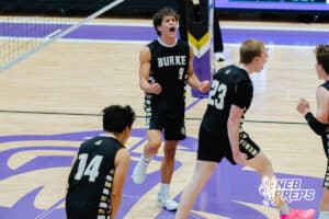 Burke’s San Win (14), Mitch Meeske (9) and Gaven Rames (23) celebrating during a Nebraska boys volleyball state championship game against Lincoln South on Sunday, May 3, 2026, in Bellevue, Neb. Photo by Jandi Green.