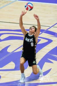 Burke’s Mitch Meeske (9) digging a volleyball during a Nebraska boys volleyball state championship game against Lincoln South on Sunday, May 3, 2026, in Bellevue, Neb. Photo by Jandi Green.