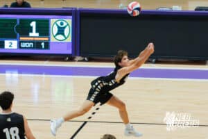 Burke’s Mitch Meeske (9) digging a volleyball during a Nebraska boys volleyball state championship game against Lincoln South on Sunday, May 3, 2026, in Bellevue, Neb. Photo by Jandi Green.