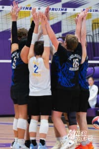 Lincoln South is celebrating after an ace during a Nebraska boys volleyball state championship game against Burke on Sunday, May 3, 2026, in Bellevue, Neb. Photo by Jandi Green.