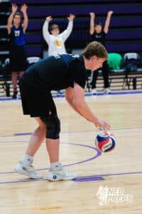 Lincoln South’s Brett Bousquet (16) getting ready to serve during a Nebraska boys volleyball state championship game against Burke on Sunday, May 3, 2026, in Bellevue, Neb. Photo by Jandi Green.