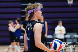Lincoln South’s Russell Feess (7) getting ready to serve during a Nebraska boys volleyball state championship game against Burke on Sunday, May 3, 2026, in Bellevue, Neb. Photo by Jandi Green.