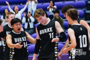 Burke’s San Win (14), Josh Morgan (11) and Micah McCarty (10) are celebrating during a Nebraska boys volleyball state championship game against Lincoln South on Sunday, May 3, 2026, in Bellevue, Neb. Photo by Jandi Green.