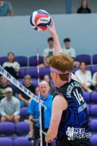 Lincoln South’s Jackson Hollman (14) hitting a volleyball during a Nebraska boys volleyball state championship game against Burke on Sunday, May 3, 2026, in Bellevue, Neb. Photo by Jandi Green.