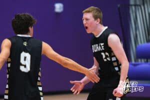 Burke’s Mitch Meeske (9) and Gaven Rames (23) are celebrating during a Nebraska boys volleyball state championship game against Lincoln South on Sunday, May 3, 2026, in Bellevue, Neb. Photo by Jandi Green.