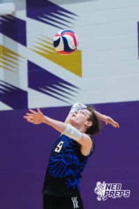 Lincoln South’s Nichalus Rojas (9) serving during a Nebraska boys volleyball state championship game against Burke on Sunday, May 3, 2026, in Bellevue, Neb. Photo by Jandi Green.