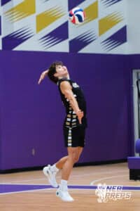 Burke’s Mitch Meeske (9) serving during a Nebraska boys volleyball state championship game against Lincoln South on Sunday, May 3, 2026, in Bellevue, Neb. Photo by Jandi Green.
