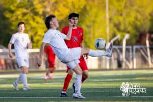 Roncalli’s Eli Mace (7) is performing a bicycle kick during a high school soccer game against South Sioux City on Thursday, April 30, 2026 in South Sioux City, Nebraska. Photo by Jack Stephens.
