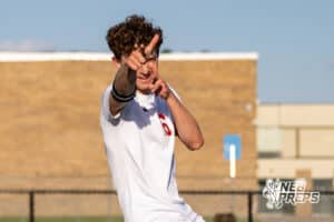 Roncalli’s Will Preston (16) is celebrating after scoring a goal during a high school soccer game against South Sioux City on Thursday, April 30, 2026 in South Sioux City, Nebraska. Photo by Jack Stephens.