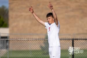 Roncalli’s Eli Mace (7) is getting ready to do a corner kick during a high school soccer game against South Sioux City on Thursday, April 30, 2026 in South Sioux City, Nebraska. Photo by Jack Stephens.
