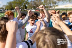 Roncalli’s Will Preston (16) is breaking down a team huddle before a high school soccer game against South Sioux City on Thursday, April 30, 2026 in South Sioux City, Nebraska. Photo by Jack Stephens.