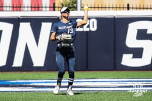 Creighton Bluejay Ella Dalton (13) throwing a softball during a college softball game against DePaul University on Saturday, May 2, 2026, in Omaha, NE. Photo by Jandi Green.