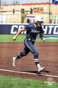 Creighton Bluejay Kaelan Schultz (6) after hitting a home run during a college softball game against DePaul University on Saturday, May 2, 2026, in Omaha, NE. Photo by Jandi Green.