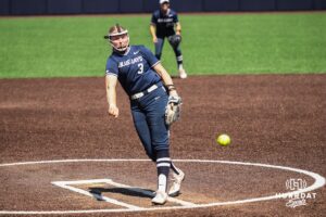 Creighton Bluejay Audrey Gilman (3) pitching during a college softball game against DePaul University on Saturday, May 2, 2026, in Omaha, NE. Photo by Jandi Green.