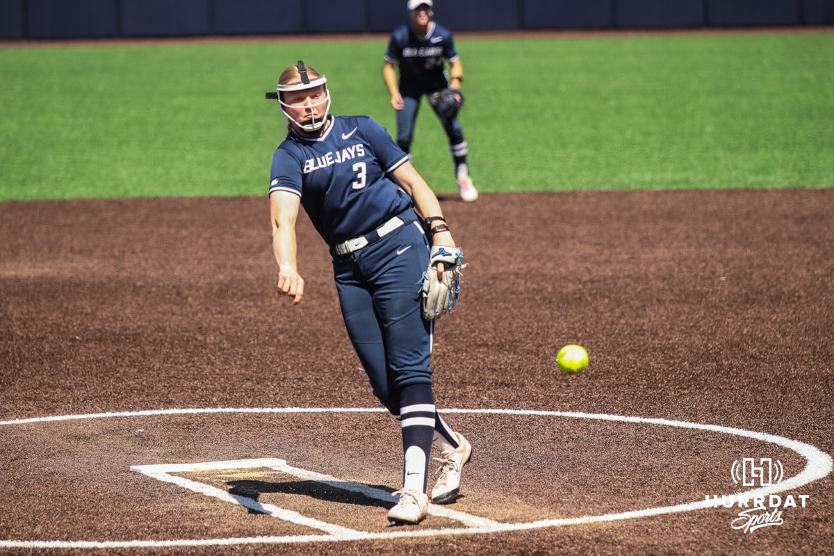 Creighton Bluejay Audrey Gilman (3) pitching during a college softball game against DePaul University on Saturday, May 2, 2026, in Omaha, NE. Photo by Jandi Green.
