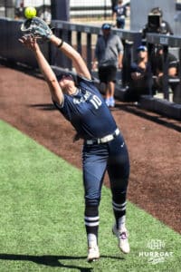 Creighton Bluejay Keegan Mayhue (10) catching a softball during a college softball game against DePaul University on Saturday, May 2, 2026, in Omaha, NE. Photo by Jandi Green.