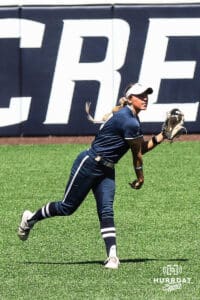 Creighton Bluejay's throwing a softball during a college softball game against DePaul University on Saturday, May 2, 2026, in Omaha, NE. Photo by Jandi Green.