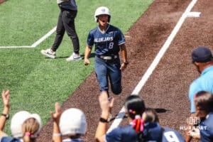Creighton Bluejay Lily West (8) after hitting a home run during a college softball game against DePaul University on Saturday, May 2, 2026, in Omaha, NE. Photo by Jandi Green.