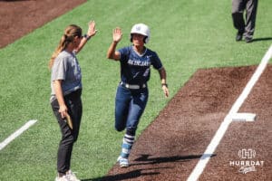 Creighton Bluejay Lily West (8) after hitting a home run during a college softball game against DePaul University on Saturday, May 2, 2026, in Omaha, NE. Photo by Jandi Green.