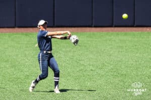 Creighton Bluejay throwing a softball during a college softball game against DePaul University on Saturday, May 2, 2026, in Omaha, NE. Photo by Jandi Green.