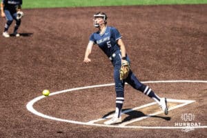 Creighton Bluejay Landrie Harris (5) pitching during a college softball game against DePaul University on Saturday, May 2, 2026, in Omaha, NE. Photo by Jandi Green.