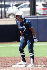Creighton Bluejay Erika Perez (12) is celebrating after hitting a double during a college softball game against DePaul University on Saturday, May 2, 2026, in Omaha, NE. Photo by Jandi Green.