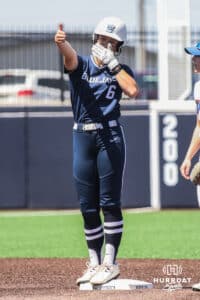 Creighton Bluejay Kaelan Schultz (6) is celebrating during a college softball game against DePaul University on Saturday, May 2, 2026, in Omaha, NE. Photo by Jandi Green.