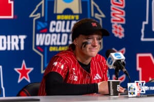 Nebraska Cornhusker pitcher Jordy Frahm smiles while talking about the future of softball at Nebraska after the loss to Texas Longhorns during the WCWS elimination game on Sunday, May 31, 2026, in Oklahoma City. Photo by John S. Peterson.