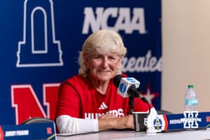 Nebraska Cornhusker head coach Rhonda Revelle smiles talking about the culture the team developed this year after the loss to the Texas Longhorns during the WCWS elimination game on Sunday, May 31, 2026, in Oklahoma City. Photo by John S. Peterson.