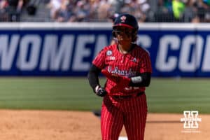 Nebraska Cornhusker infielder Katelyn Caneda (66) walks off the field after being forced out against the Texas Longhorns during the WCWS elimination game on Sunday, May 31, 2026, in Oklahoma City. Photo by John S. Peterson.