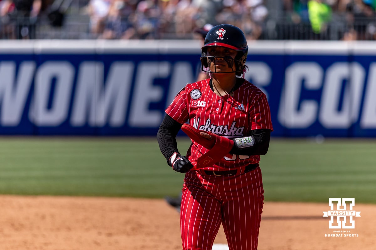 Nebraska Cornhusker infielder Katelyn Caneda (66) walks off the field after being forced out against the Texas Longhorns during the WCWS elimination game on Sunday, May 31, 2026, in Oklahoma City. Photo by John S. Peterson.