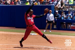 Nebraska Cornhusker pitcher/ Jordy Frahm (98) throws a pitch against the Texas Longhorns in the second inning during the WCWS elimination game on Sunday, May 31, 2026, in Oklahoma City. Photo by John S. Peterson.