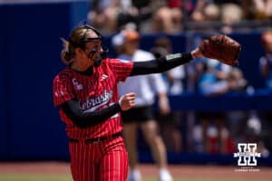 Nebraska Cornhusker starting pitcher Jordy Frahm (98) reacts to striking out a Texas Longhorn in the first inning during the WCWS elimination game on Sunday, May 31, 2026, in Oklahoma City. Photo by John S. Peterson.