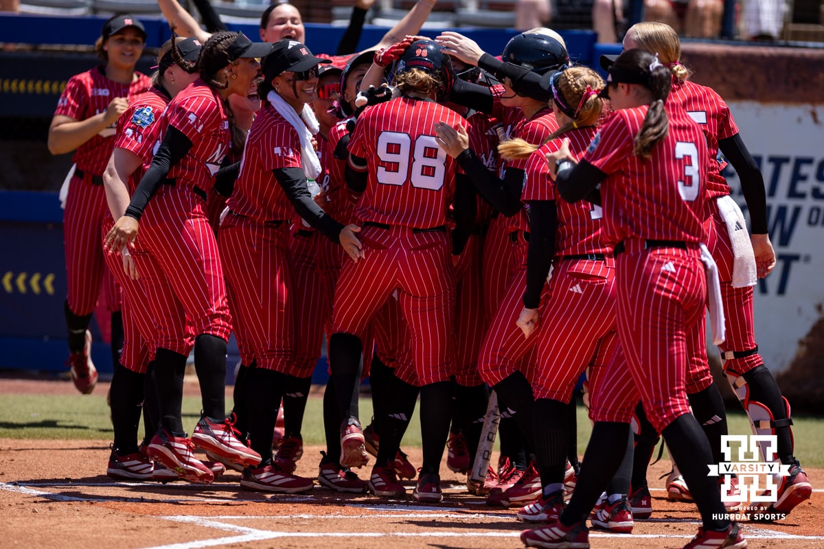 WCWS Nebraska v Texas | May 31, 2026 | Hail Varsity Nebraska Cornhusker Jordy Frahm (98) celebrates hitting a home run in the first inning against the Texas Longhorns during the WCWS elimination game on Sunday, May 31, 2026, in Oklahoma City. Photo by John S. Peterson.