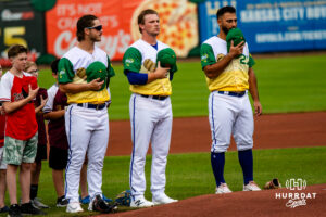 Omaha Storm Chasers during the national anthem before a minor league baseball game against the Memphis Redbirds on Saturday, May 30, 2026, in Omaha, Neb. Photo by Jandi Green.