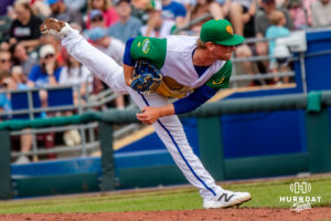 Omaha Storm Chaser Ben Sears (52) pitching during a minor league baseball game against the Memphis Redbirds on Saturday, May 30, 2026, in Omaha, Neb. Photo by Jandi Green.
