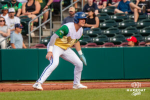 Omaha Storm Chaser Gavin Cross (18) on first base during a minor league baseball game against the Memphis Redbirds on Saturday, May 30, 2026, in Omaha, Neb. Photo by Jandi Green.